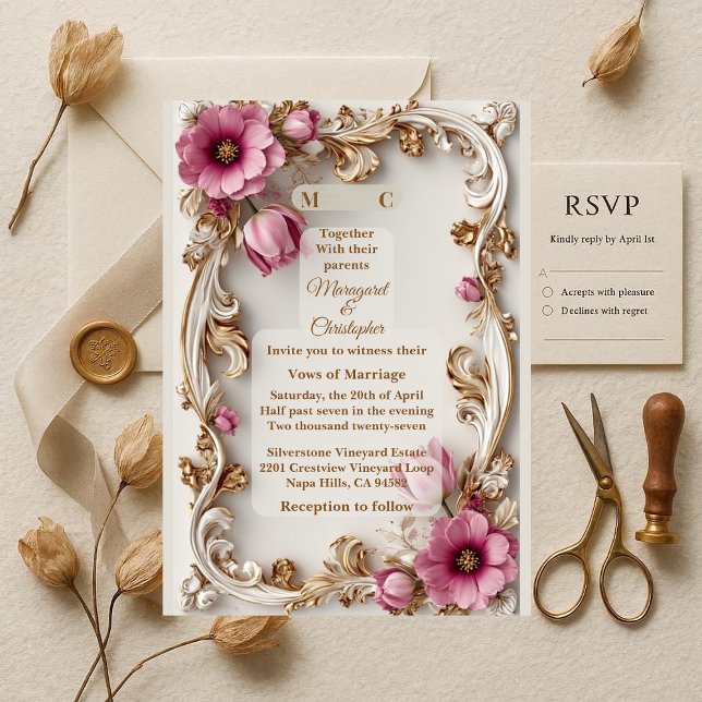 Convites Noiva Barroca Dourada de Luxo com Tulipas Rosa Cho (Luxury Blush Pink Tulip Gold Baroque Grand Wedding Invitation)