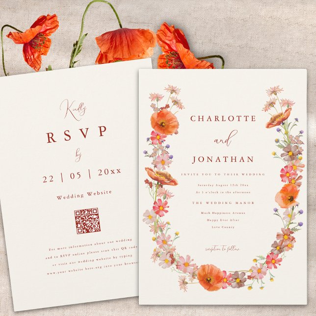 Convites Noiva Boho de Outono com Flores Silvestres (Boho wildflower fall wedding invitation burnt orange script and website qr code)
