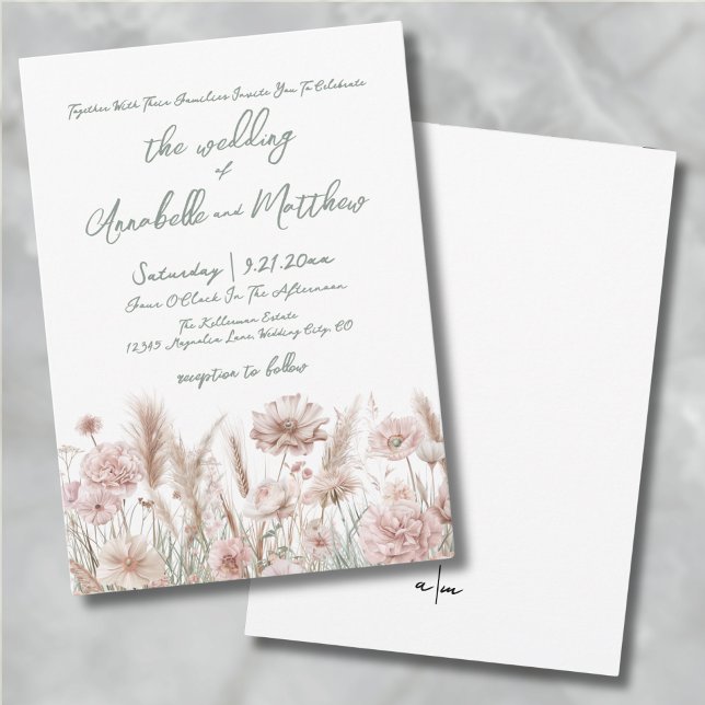 Convites Noiva Boho Flor Silvestre Rosa Corado (Blush Pink Botanical Wildflowers Boho Wedding Invitation)