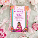 Convites Noiva bonita do casamento indiano Mehndi em rosa<br><div class="desc">O modelo de convite para casamento indiano Mehndi é um download instantâneo com uma caricatura de noiva fofa em roupas cor-de-rosa e flores cor-de-rosa.</div>