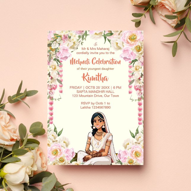 Convites Noiva bonita do casamento indiano Mehndi em rosa (Mehndi henna Indian wedding cute bride in ivory white Invitation editable template digital download)