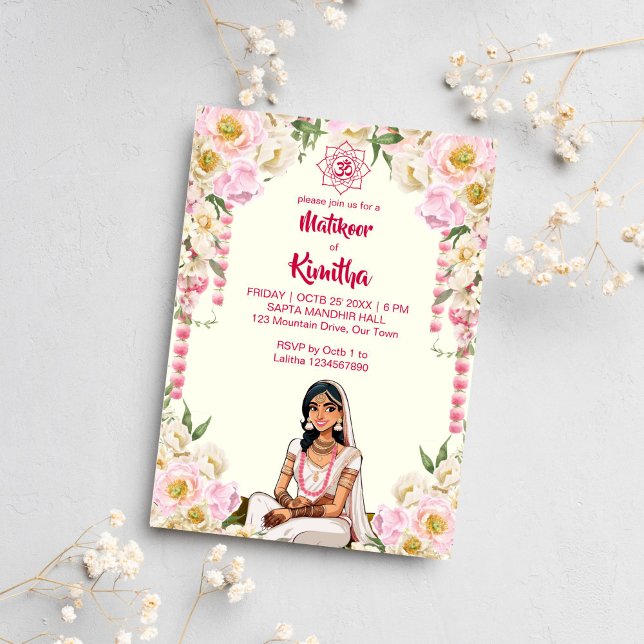 Convites Noiva bonita do casamento indiano Mehndi, rosa mar (Matikoor Haldi Mehndi Indian wedding cute bride in ivory pink Invitation template digital download)