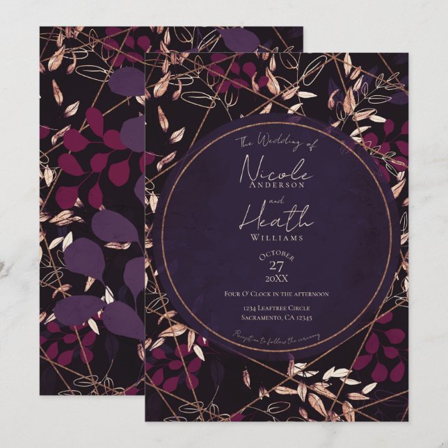 Convites Noiva Bronze Roxo Floral Escuro Ousado Morango (Frente/Verso)