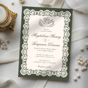 Convites Noiva Cisne Verde Oliva Elegante Renda Vintage