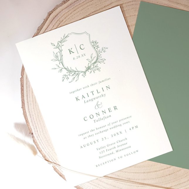 Convites Noiva Clássico Verde Sage Crista Elegante (Elegant sage green wedding invitation with vintage crest, monogram, and botanical accents)