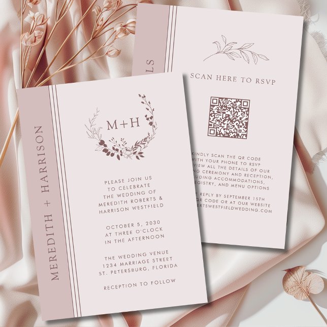 Convites Noiva Código QR Monograma Blush Dourado Rosa (Rose Gold Blush Monogram Wreath All in One QR Code Wedding Invitation)