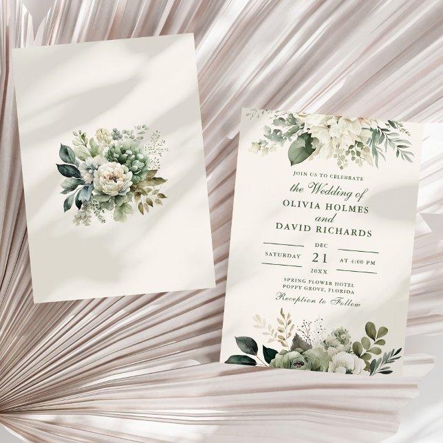 Convites Noiva com Flores Modernas em Verde Salvia e Marfim (Modern Sage Green and Ivory Flowers Wedding Invitation on a sunny white dry palm leaf.)