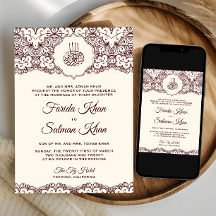 Convites Noiva Creme Renda Burgundy Casamento Islâmico Muçu