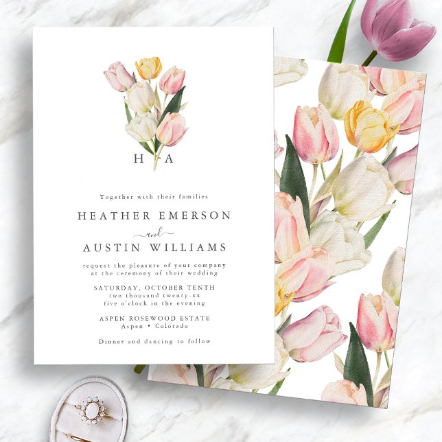 Convites Noiva da Primavera com Monograma (Elegant Watercolor Tulips Monogrammed Spring Wedding Invitation by Painted Paperie
)