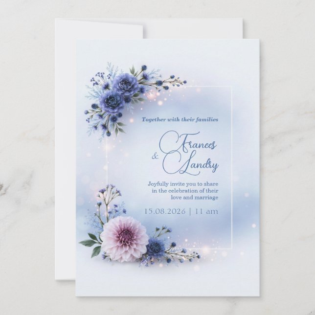 Convites Noiva Dália Azul Floral Quadro Casamento (Frente)