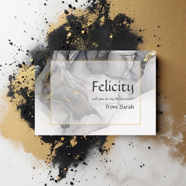 Convites Noiva Dama Elegante Preto e Dourado Tinta Álcool (Black and Gold Alcohol Ink Bridesmaid Invitation)