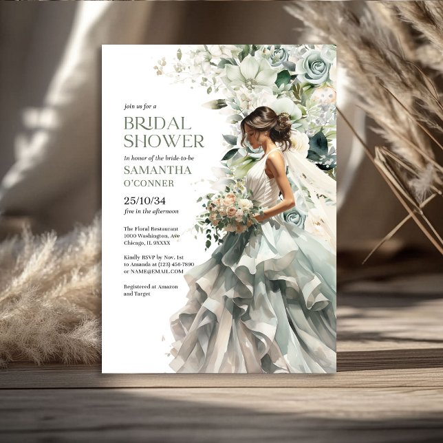 Convites Noiva de eucalipto com véu (Modern boho greenery eucalyptus bride with veil invitation)