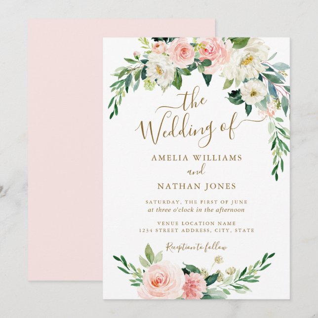 Convites Noiva de Floral Blush Dourado Coroa de Casamento (Frente/Verso)