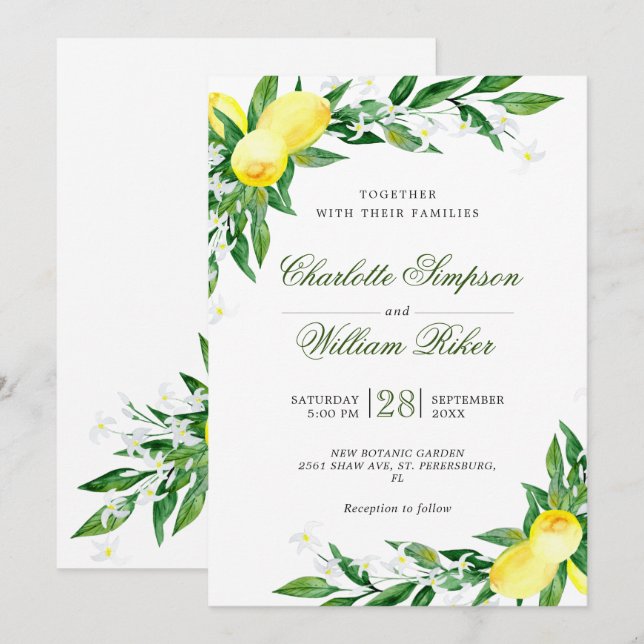 Convites Noiva de Limões Floridos Aquarela Casamento (Frente/Verso)