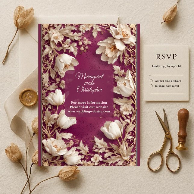 Convites Noiva de Luxo Amora Barroca Opulenta Tulipa Dourad (Luxury Mulberry Baroque Opulent Gold Tulip Wedding Invitation)