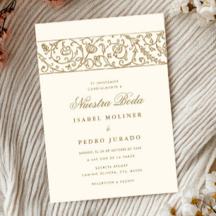 Convites Noiva de Luxo Floral Creme & Dourado Nuestra Boda