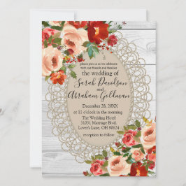 Convites Noiva de madeira branca rendas flores vermelhas ro