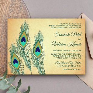 Convites Noiva de penas de pavão verde vintage casamento in