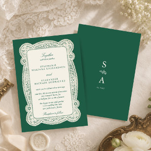 Convites Noiva de Renda Vintage Esmeralda Verde Old Money