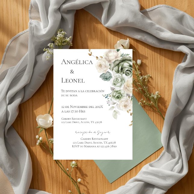 Convites Noiva de Verde Sage Casamento Espanhol (Criador carregado)