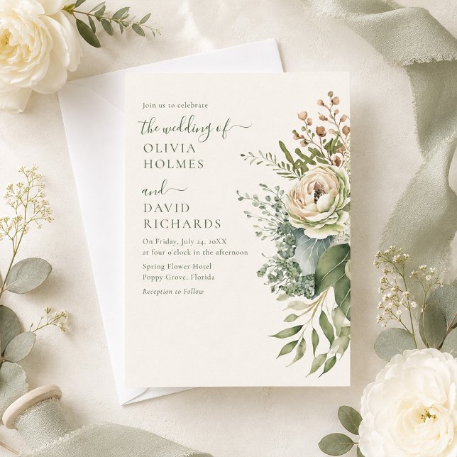 Convites Noiva de Verde Salvia Moderno e Flores Silvestres  (Boho Sage Green and Ivory Widlflowers Wedding Invitation on table with ivory roses and ribbons)