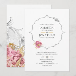 Convites Noiva Diamante Floral Rosa e Dourado e Prata