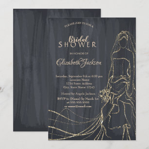 Convites Noiva Dourada Elegante, Chuveiro Nupcial Preto