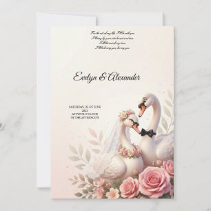 Convites Noiva e Noivo Cisne 3D Floral Rosa Bege Elegante