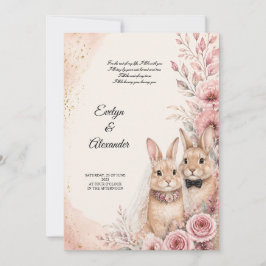 Convites Noiva e Noivo Coelhinhos Fofos Rosa Floral Dourado