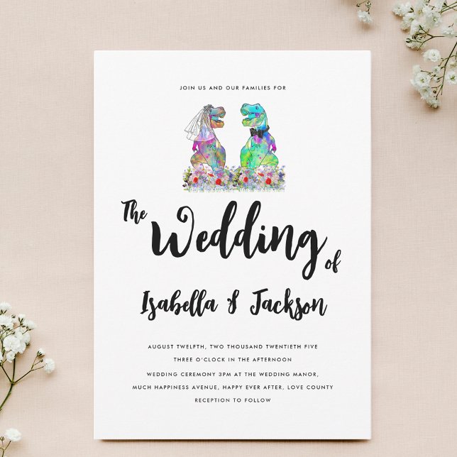 Convites Noiva e Noivo de Dinossauro com Flor Silvestre Boh (Colorful boho wildflower Dinosaur theme wedding invitation with fun T-Rex bride and groom)