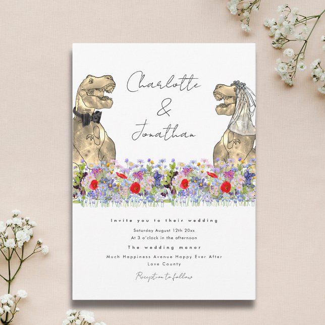 Convites Noiva e Noivo Dinossauro e Flor Silvestre (Dinosaur theme wildflower wedding invitation with watercolor florals & fun dinosaur bride and groom)