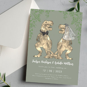 Convites Noiva e Noivo Dinossauro T-Rex Verde Salvia Casame