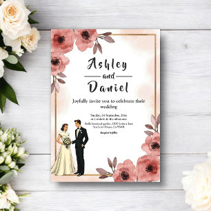 Convites Noiva e Noivo Elegantes em Pó Floral Rosa Casament