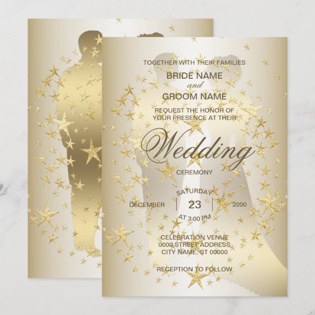 Convites Noiva e Noivo Estrelas Douradas Casamento (Frente/Verso)