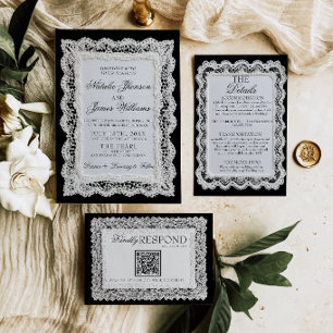 Convites Noiva e renda preta e branca sofisticada, casament