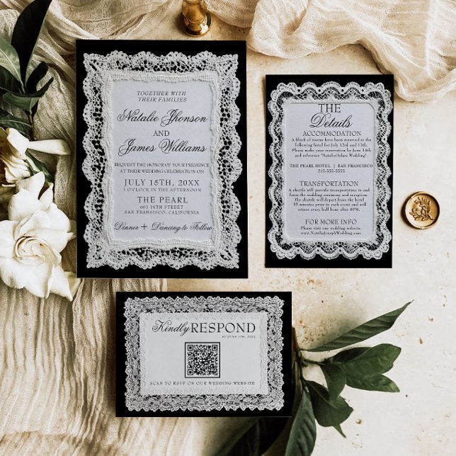 Convites Noiva e renda preta e branca sofisticada, casament (Criador carregado)