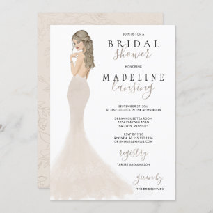 Convites Noiva em Champagne Lace Gown Chá de panela Invitat