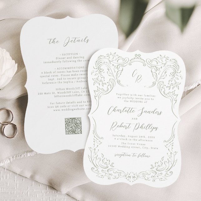Convites Noiva Esboçada Monograma de Casamento com Flores V (Sage Sketched Vintage Flourish Monogram Wedding Invitation)
