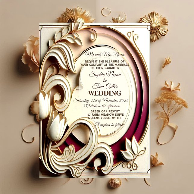 Convites Noiva Falso Tulipa Amora Barroco Grandiosidade Dou (Mulberry Tulip Baroque Grandeur Gold Faux Wedding Invitation)