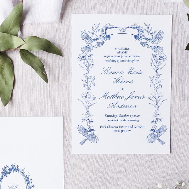 Convites Noiva Floral Azul Chinoiserie (Blue toile chinoiserie wedding invitation with birds and flowers in victorian frame)