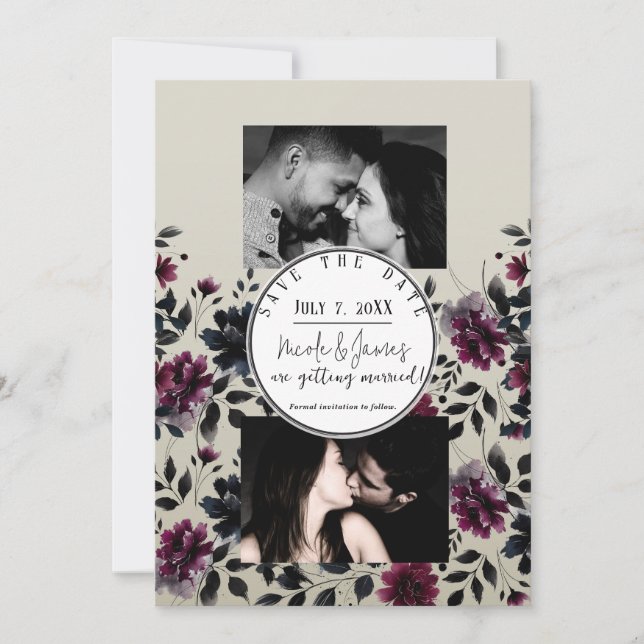 Convites Noiva Floral Azul Meia-Noite Borgonha Amêndoa (Frente)