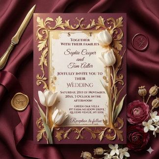 Convites Noiva Floral Barroca em Marfim Dourado Borgonha Vi