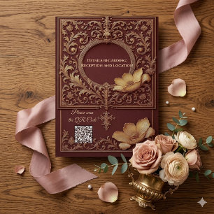 Convites Noiva Floral Barroca em Marfim Dourado Borgonha Vi