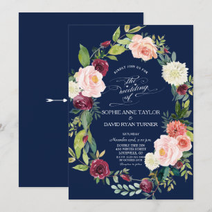 Convites Noiva Floral Borgonha Bege Azul Escuro Casamento