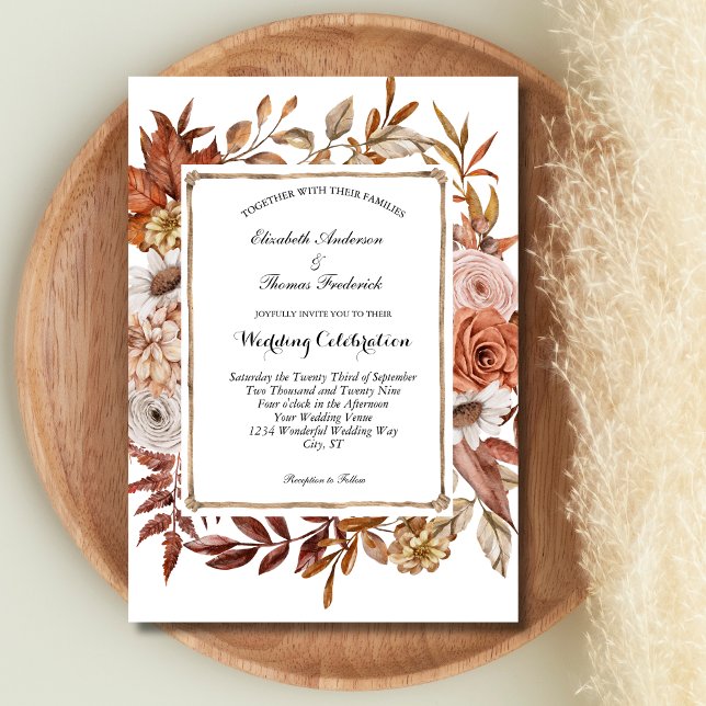 Convites Noiva Floral Botânica Boho Bege Terracota (Terracotta Blush Cream Boho Botanical Fall Autumn Wedding Invitation)