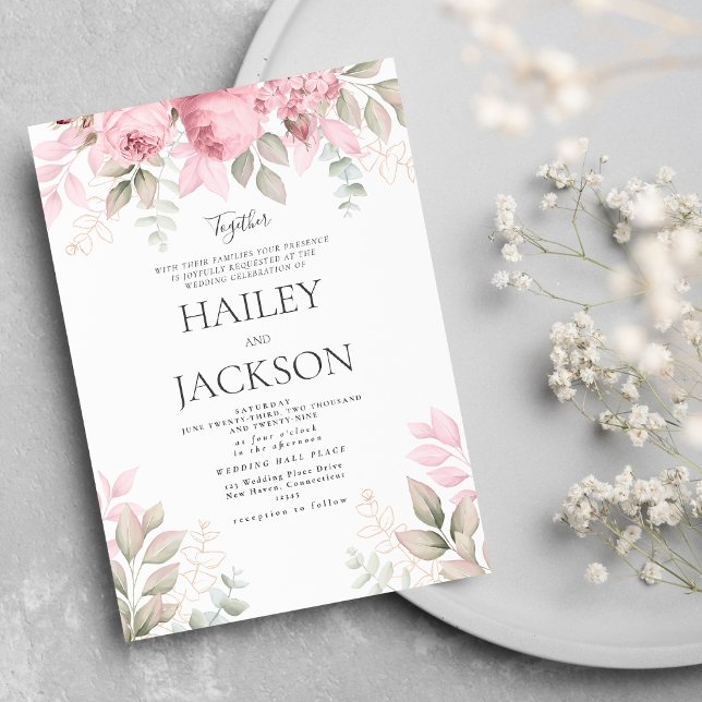 Convites Noiva floral de magnólia rosa e branca com tom ros (Blush pink mint and white magnolia floral wedding invitation)