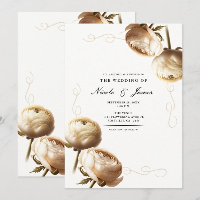 Convites Noiva Floral de Ranunculus Creme e Branco (Frente/Verso)