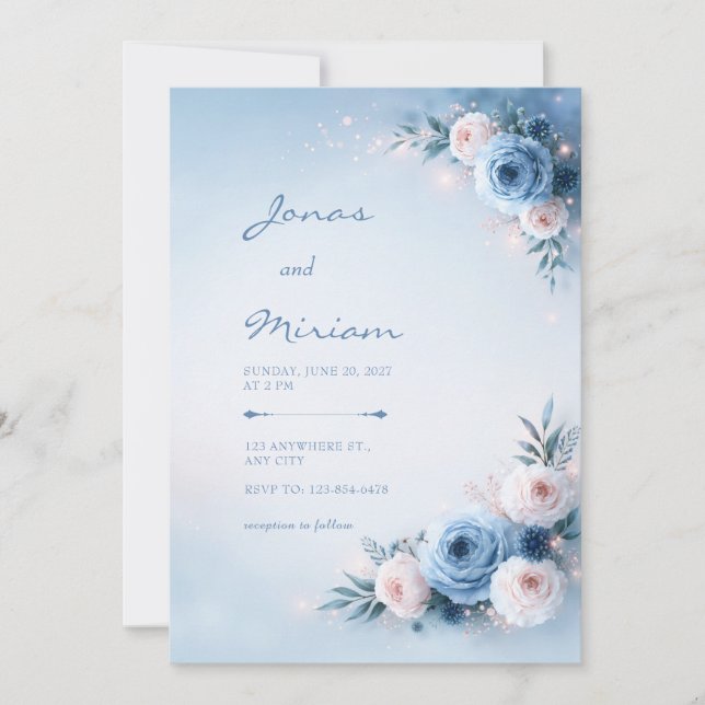Convites Noiva Floral Glow Azul Pó Casamento (Frente)