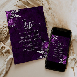 Convites Noiva Floral Prata Chic Ameixa Save the Date