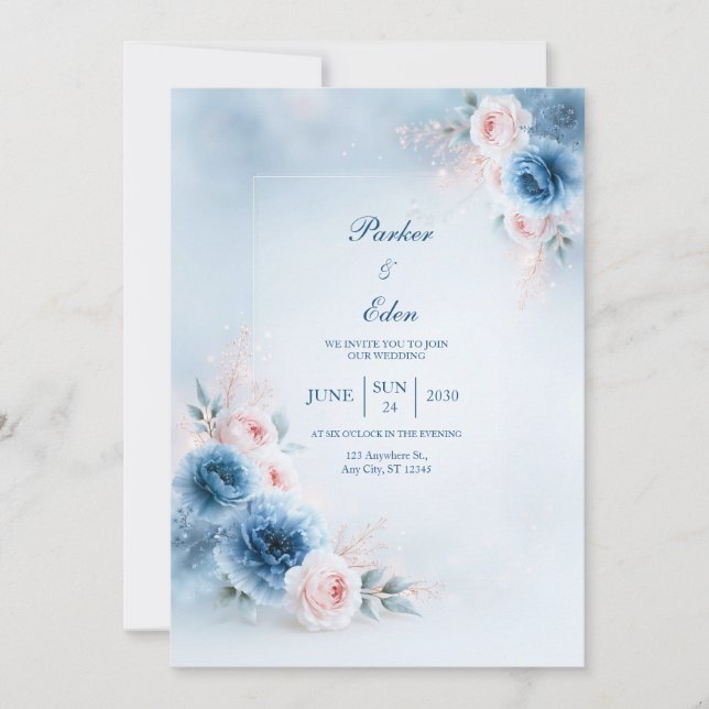 Convites Noiva Floral Quadro Azul Pó Rosa (Frente)